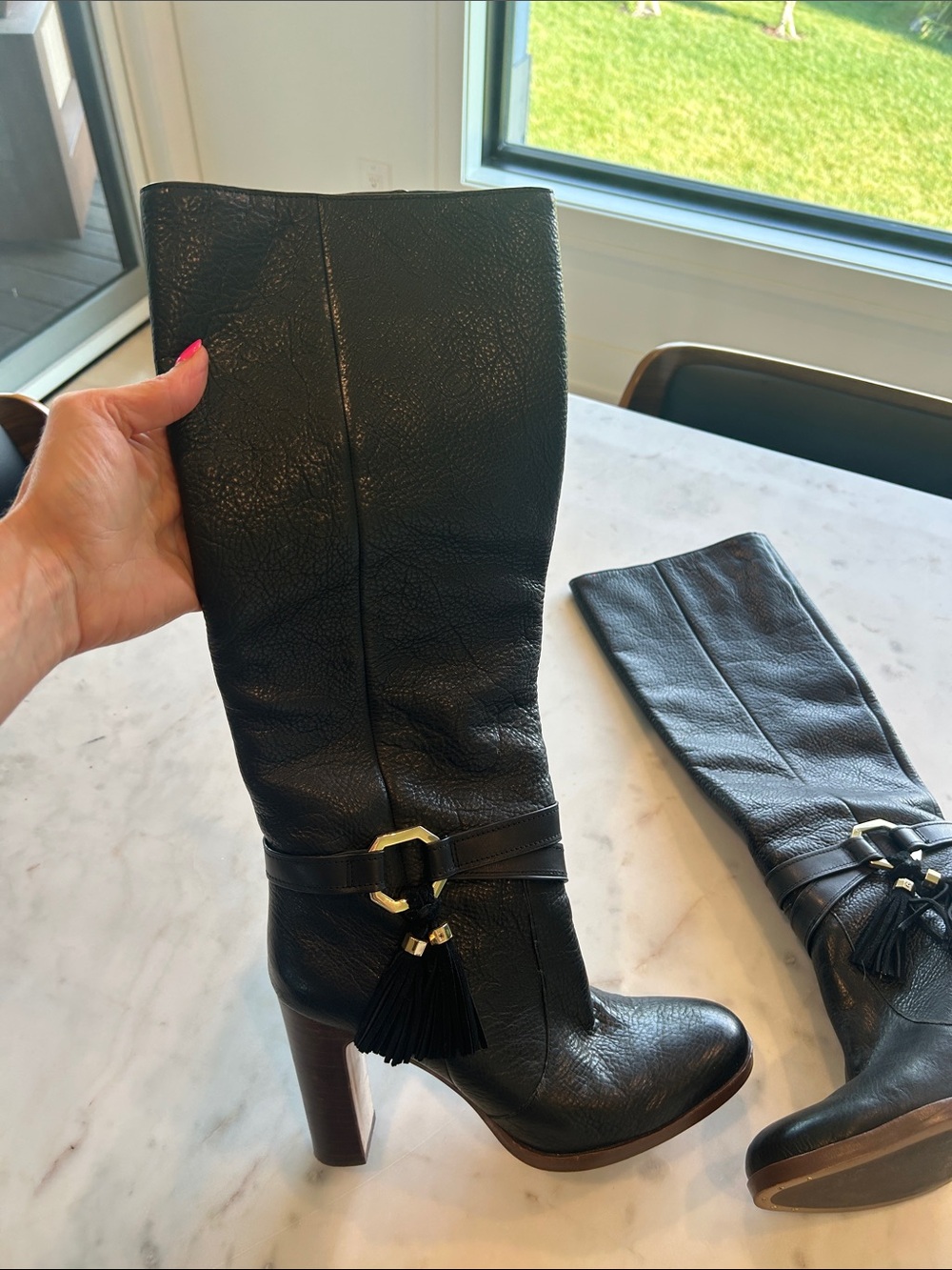 Louise et Cie Black Leather Tassel High Heel Boots, EUC